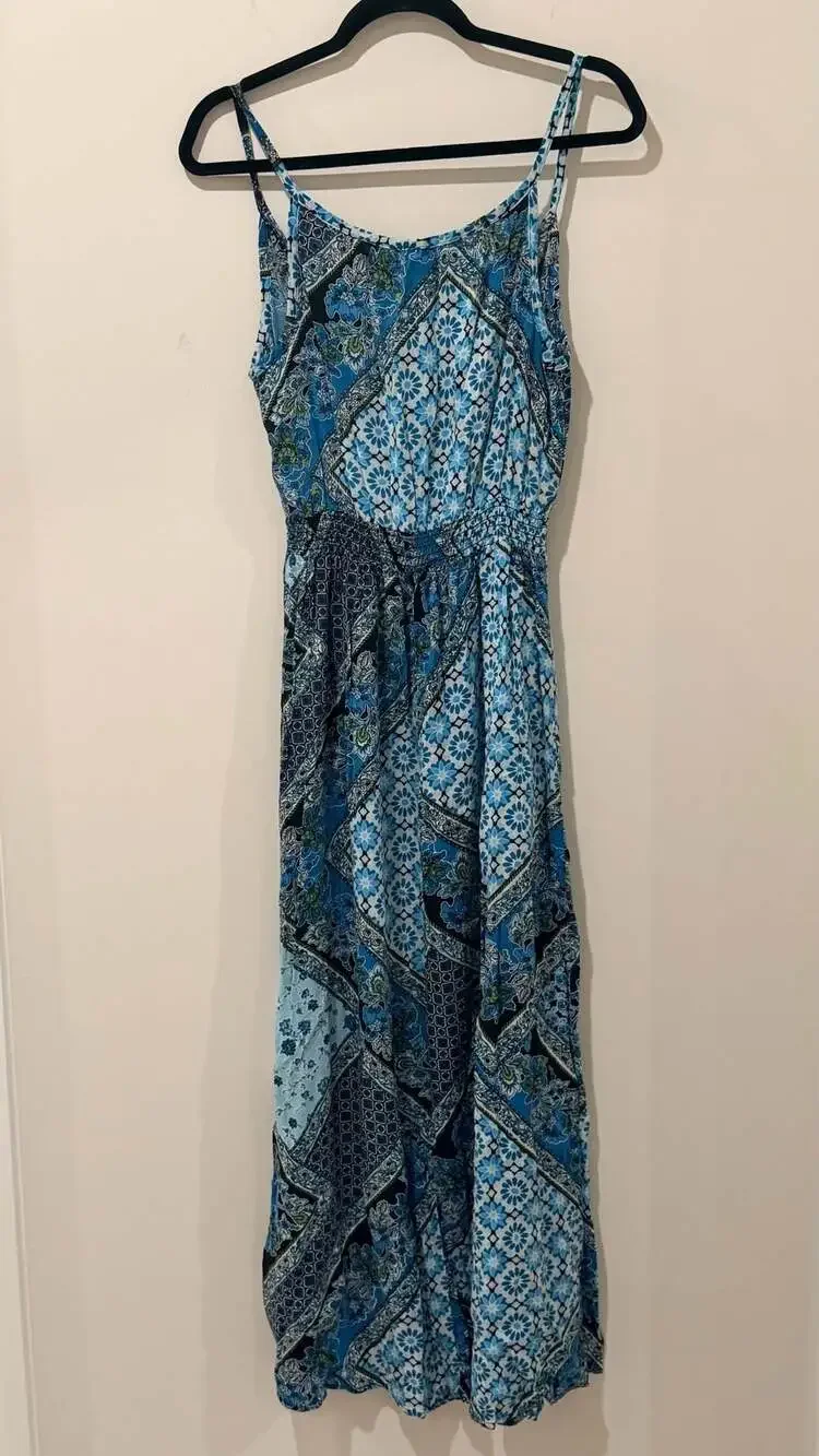 Faded Glory Blue Boho Maxi Dress - S (Fits S–L / Up to Size 10)